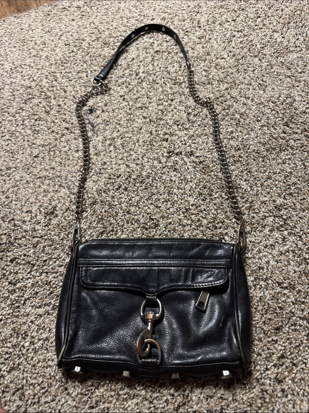 Black Leather Shoulder Bag with Chain Strap